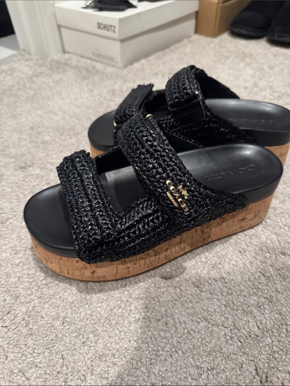 Coach Black Raffia Cork Platform Slide Sandals